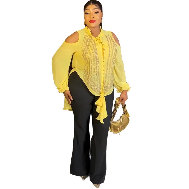 

Plus Size African Clothes for Women Ankara Dashiki 2 PCS Set Outfits 2023 Summer Fashion Sequin Tops Pants Trousers Suits