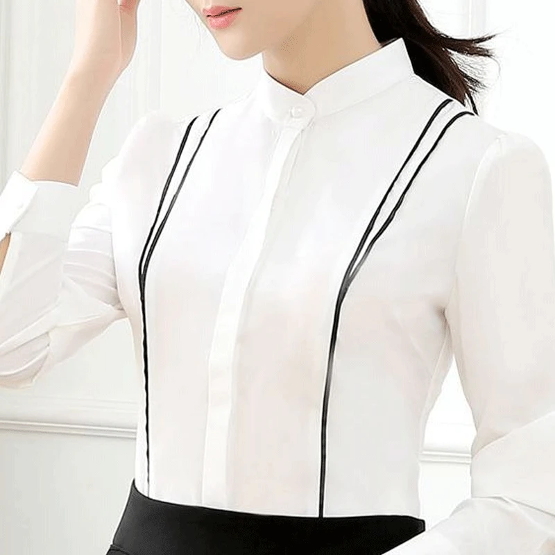 Women's Chiffon Shirt Long-sleeved Concealed Button Anti-glare Stand Collar Solid Color Spring Deposit Korean Professional Dress