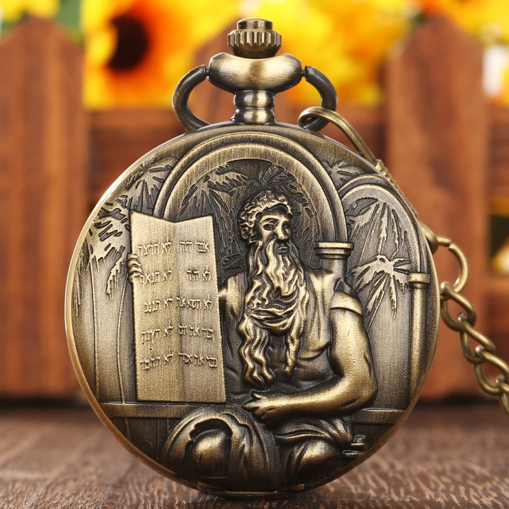 

Antique Bronze Religious Retro Jesus Bible Design Vintage Quartz Pocket Watch Necklace Watches Pendant Chain Pocket Clock Men