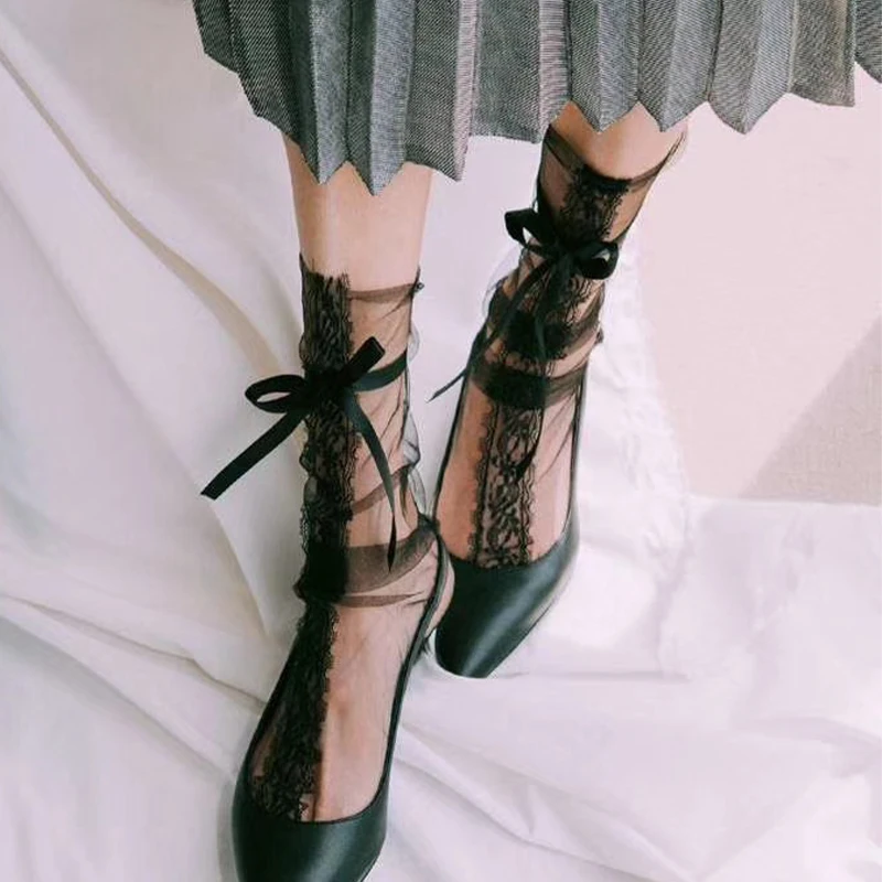 

Sexy Lace Socks Women's Transparent Mesh Ultra-Thin Bow Cute Socks for Ladies Fashion Lolita 2023 New Black White Socks Women