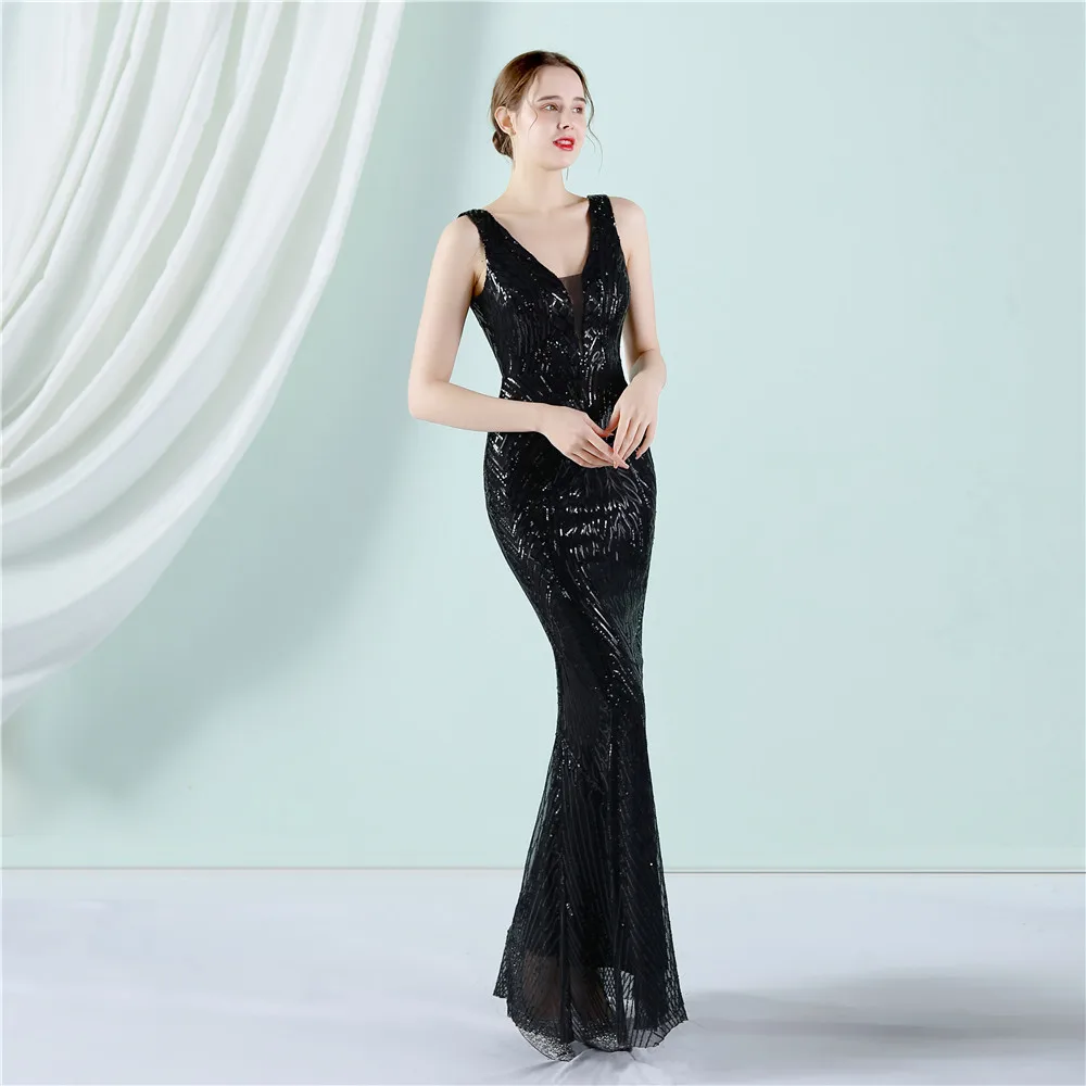 Deep V Sexy Sequined Mermaid Evening Dresses Formal Prom Pageant Wedding Party Robe Re Soirée Femme Robe De Soirée Se Mariage long sleeve formal dresses