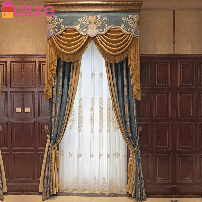 

Blue Retro Chenille Jacquard Stitching Thickened Blackout Curtains for Living Room Bedroom French Window Villa Customization