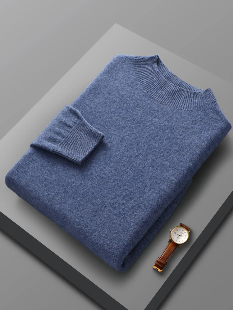 

Spring Autumn 100% Pure Merino Wool Pullover Sweater Men Mock-Neck Long-sleeve Cashmere Knitwear Female Clothing Grace