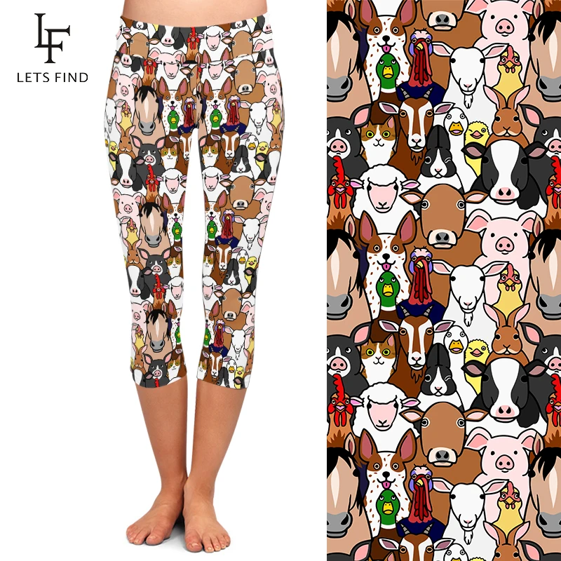LETSFIND High Elastic Women Capri Leggings Seamless Cartoon Farm Animals Print High Waist  Casual Mid-Calf Pants