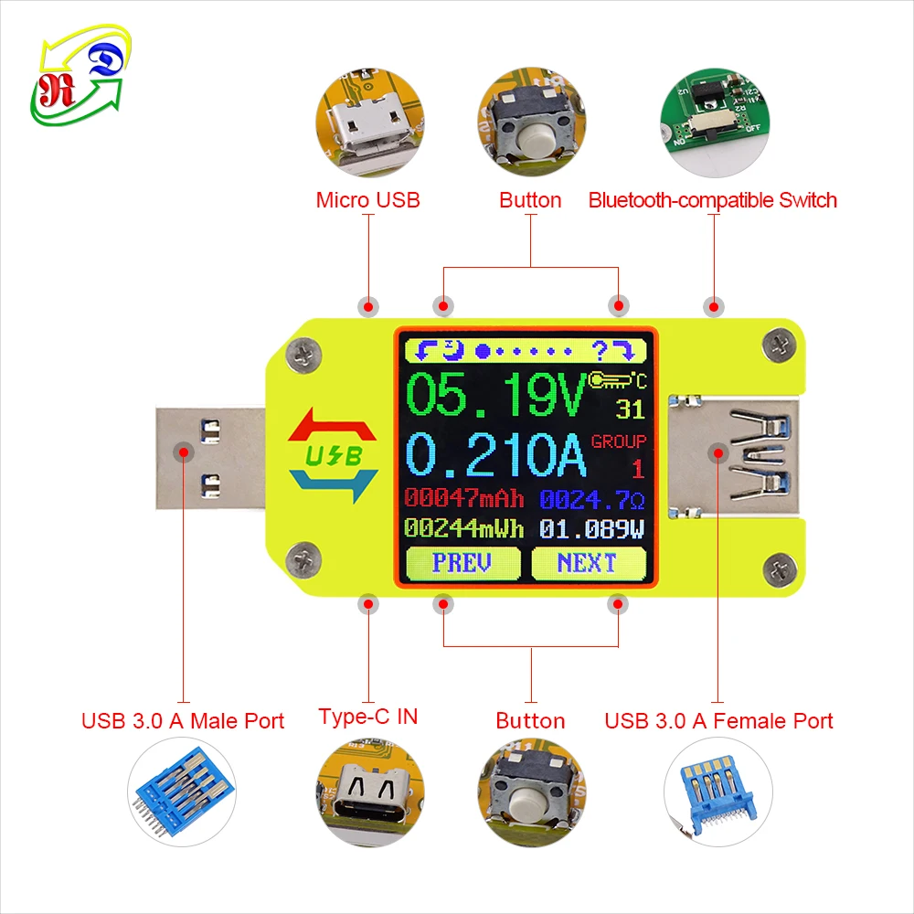 

Цифровой USB-вольтметр UM34 UM34C, амперметр постоянного тока с разъемом Type-C для измерения заряда аккумуляторов