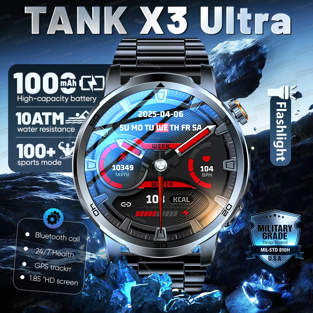 2026 New Military Ultra 1000mAh Battery Smart Watch 1.85 "HD Large Screen IP69K Waterproof LED Flashlight Sports Smartwatch Men 1