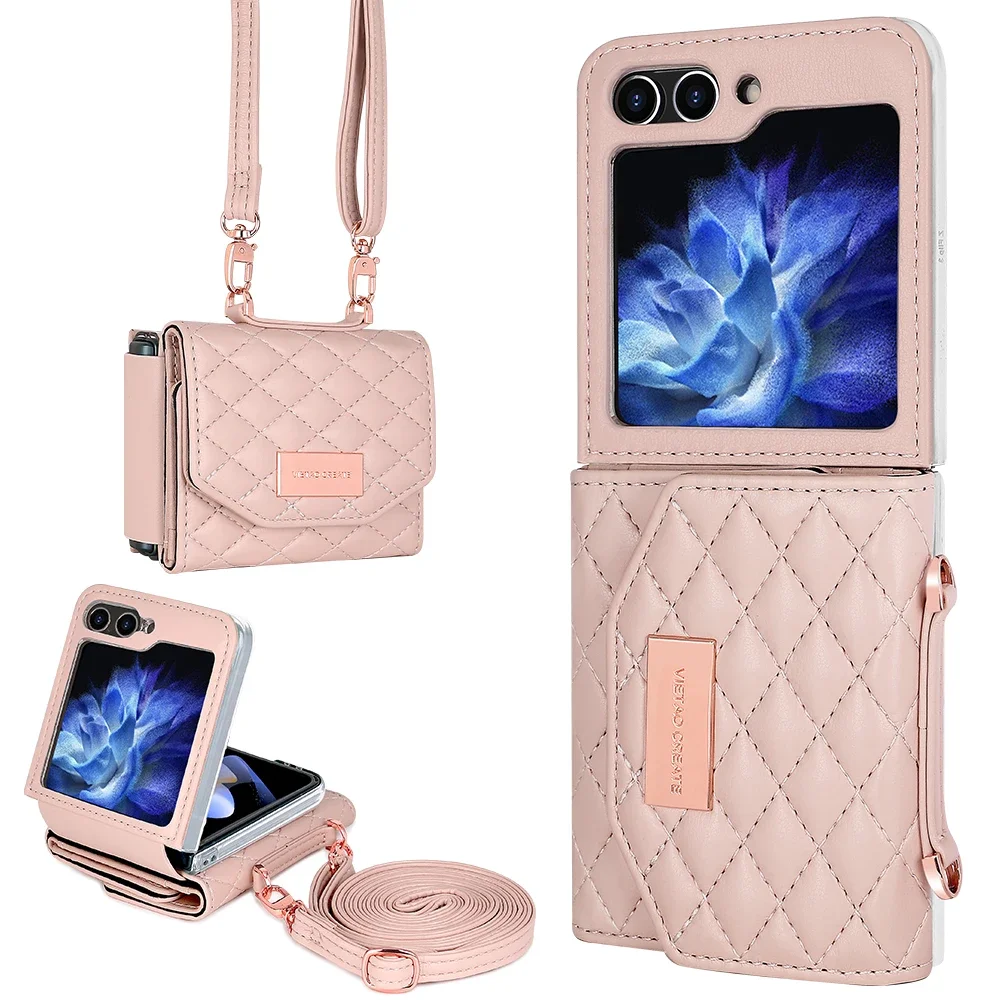 Crossbody Kaarten Solt Lieder Portemonnaie Hülle fir Samsung Galaxy Z Flip 6 5 4 3 5G Flip6 Flip5 Riemen Diamant Dräifach Falt Täsch Cover_voghion.com