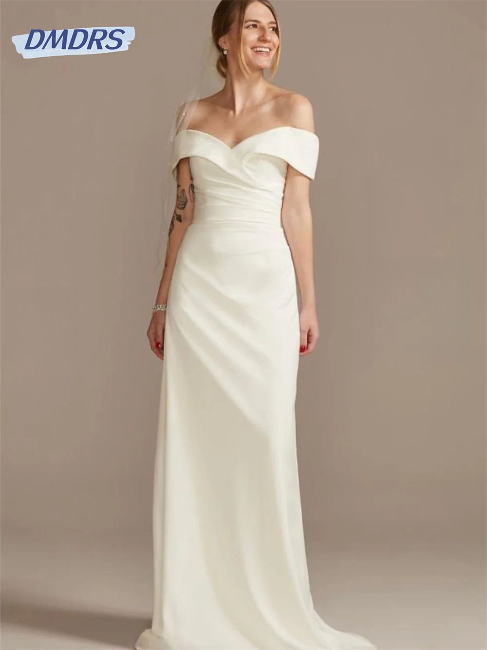 

Graceful Off the Shoulder Wedding Dress with Pleat Floor Length Straight Bridal Sexy Open Back Zipper Custom Made Bride Gowns