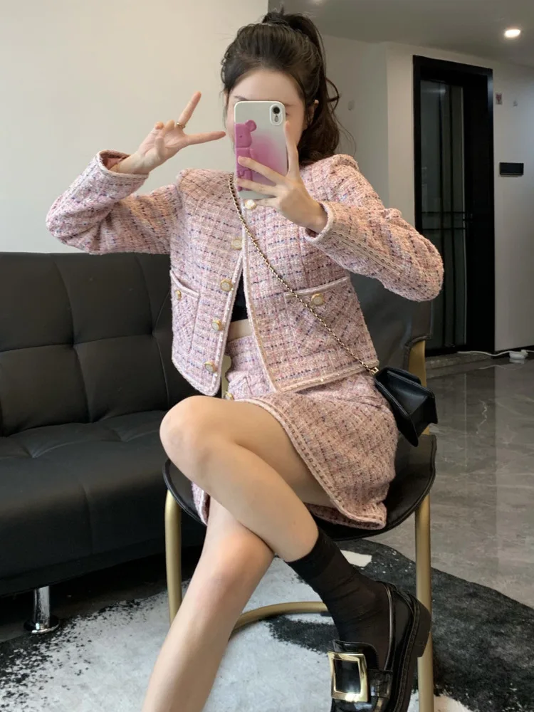 スーツ Pastel Flat Collar Tweed Jacket + Flared Skirt SET French Vintage Fashion Short Tweed jackets for women and