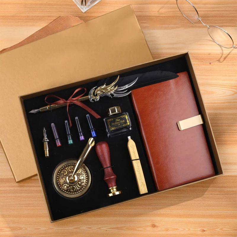

DXAB Retro Vintage Feather Fountain Pen Writing Leather Notebook Set Stationery Gift Box