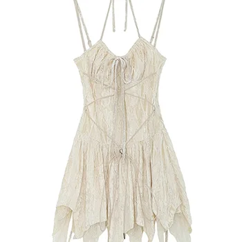 여성용 불규칙한 V넥 슬림 멜빵 원피스, A라인 타이업, 고딕 Y2K 플리츠 드레스, 시크한 디자인, 2023 년 여름