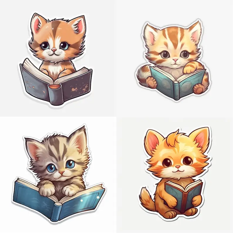 

Cats Reading Stickers Cat stickers Vibrant Colorful Colors Vinyl Laminated Motorcycle Camping Auto Anime Accessory Decoration