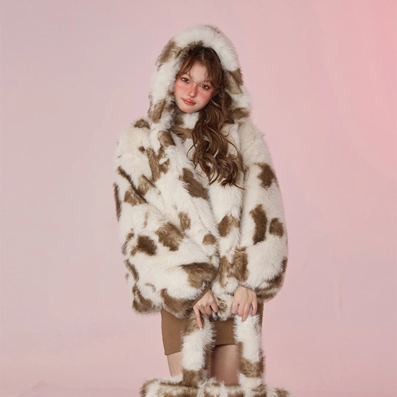 Sweet Harajuku Y2k Fashion Girls Oversized Leopard Faux Fur Coat