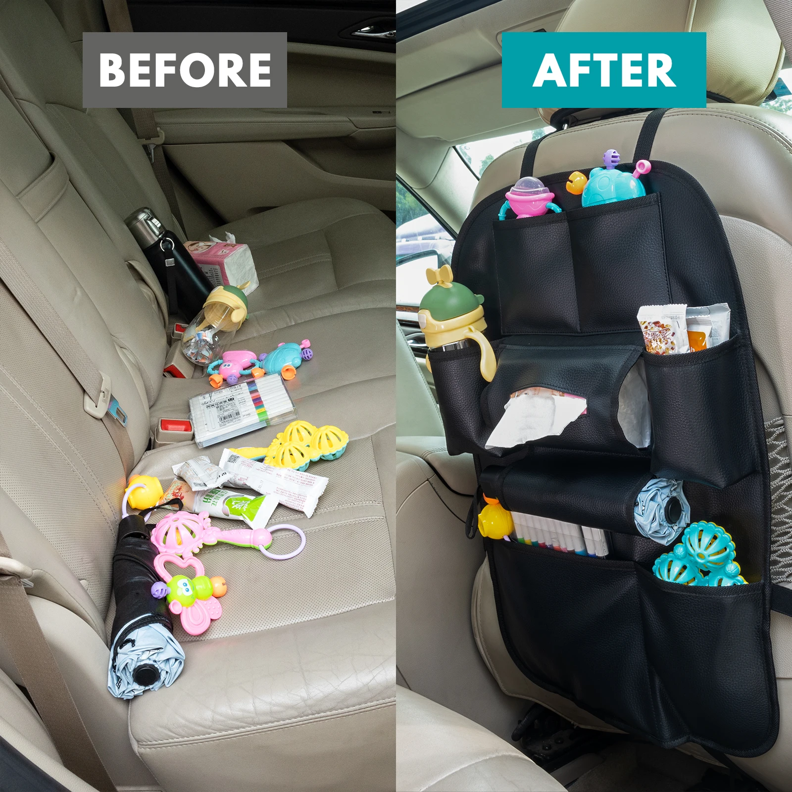 PU Leather Car Backseat Organizer-8 Storage Pockets Car Seat Back Organizer, Seat Storage Organizers with Tissue Box/Cup