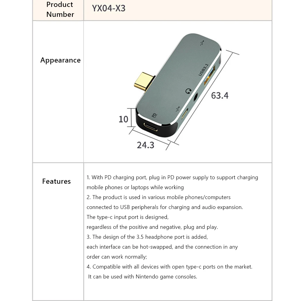 Type-C 확장 허브 - 3.5 PD100W USB3.0/USB2.0/USB3.1 HDMI 호환 분배기