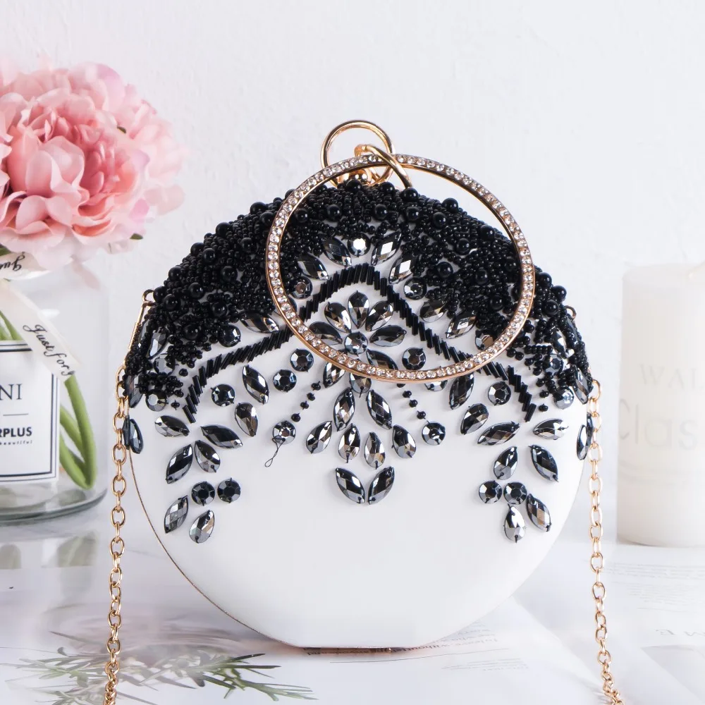 Luxury Women Party Wedding Beading Round Evening bags Vintage Diamond Crystal Flower Black White Day Clutches with Gold Chain
