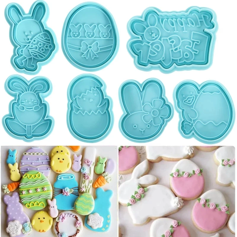 

4pcs/set Easter Plastic Cookie Mold 3D Cartoon Rabbit Egg Biscuit Cutter Fondant Embosser Stamp DIY Cake Decoration Baking Tool