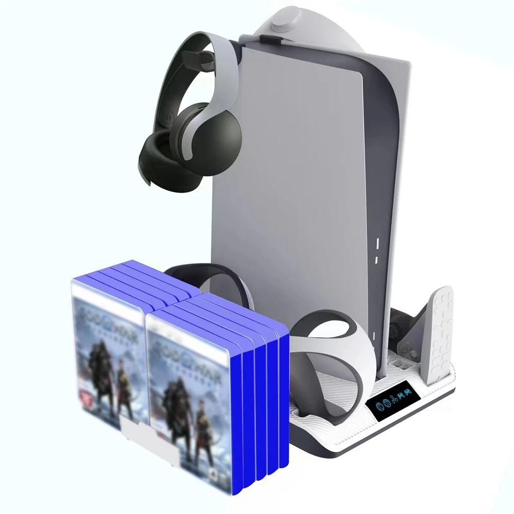 

Multifunctional Console Cooling Stand For PS5 With Dual Controller Charger CD and Helmet Storage for PS VR2 Handle Charging Dock