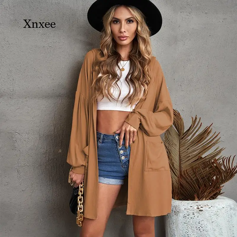 

Осенне-зимняя новая однотонная ветровка Женское пальто средней длины женский Кардиган с длинным рукавом и капюшоном ветровка