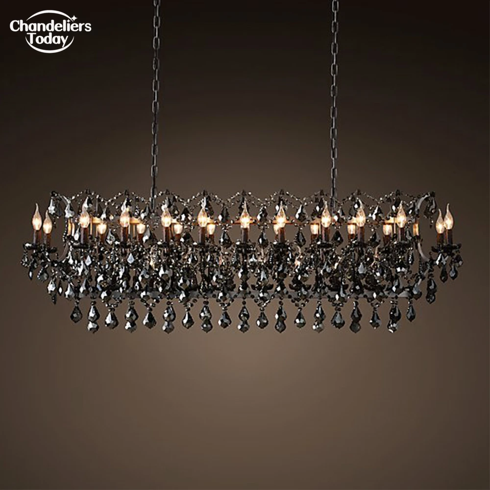 

19th C. Rococo Iron & Crystal Rectangular Chandelier Retro Black Candle Chandelier Light LED Smoke Cristal Lamp for Dining Room