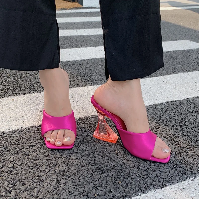 2022 Summer Luxury Women PVC Transparent Heels Slippers 8cm Crystal High Heels Slides Green Orange Peep Toe Slip on Slides Shoes