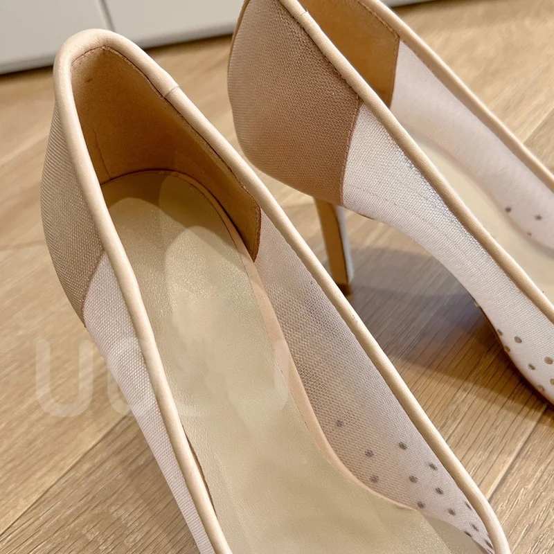 New Spring and Summer Women High Heels Designer Mesh Luxury Full Crystal Pointed Toe Shoes High Medium Heel Flat Dress Shoes
