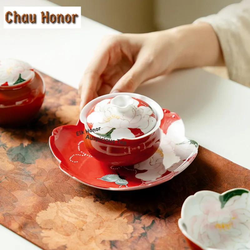 90ml Hand-painted Butterfly Peony Red Gaiwan Japanese Tea Tureen Tea Bowl With Lid Kit Tea Brewing Cover Bowl For Teaware Gift