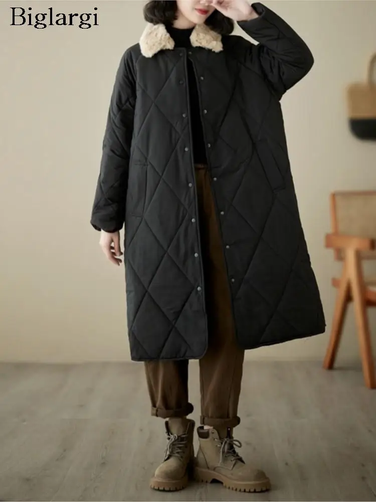 

Oversized Winter Cotton Long Coat Women Plaid Modis Furry Collar Ladies Jackets Loose Casual Long Sleeve Woman Jackets Coat 2023
