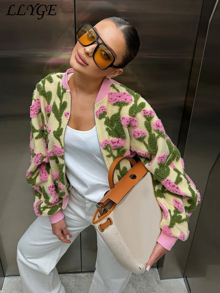 Women's Gray Loose 3D Floral Bomber Jacket With Stand Collar — photo 2