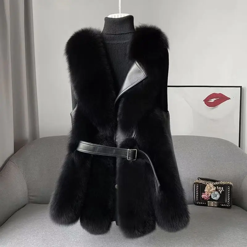 Women Herringbone Vest New Fox Fur Vest Coat Womens Faux Fur Waistcoat Fashion Slim Jacket Chic Sleeveless Faux Fox Vests With Belt Jacket