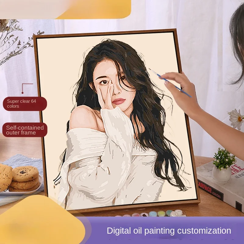 

Customized digital oil painting, hand-painted, color filled, real person photos, acrylic water paint, figure portraits