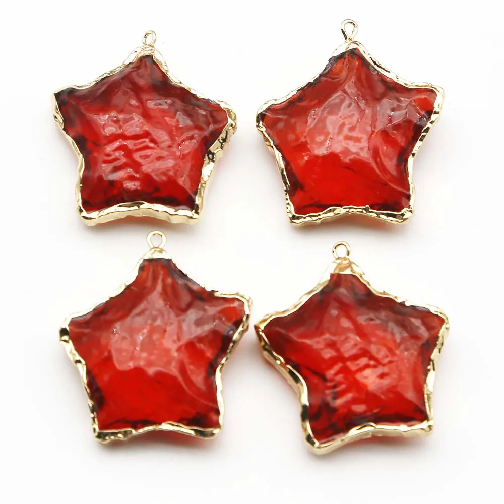 Natural Raw Ore Red Crystal Five Pointed Star Gold Eedged Necklace Pendant Mineral Healing DIY Jewelry Accessories Wholesale 8Pc