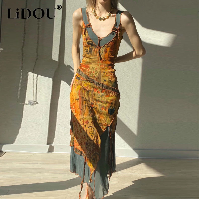 

Summer New Vintage Patchwork Print Irregular Slim Tank Dress Women's Sleeveless Casual Fashion Robe Dresses Vestidos De Fiesta