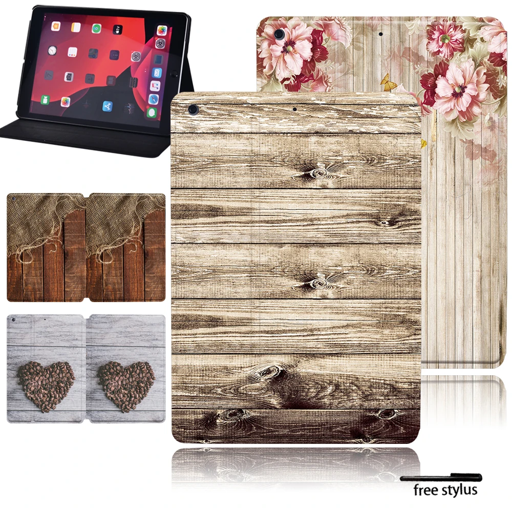 

Folio Tablet Case for Apple IPad 8 2020 10.2 Inch Flip Wood Pattern IPad Cases Anti-fall Leather Stand Shell Cover + Free Stylus