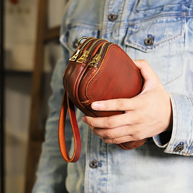 Vintage hand-stitched genuine leather men's clutch bag business