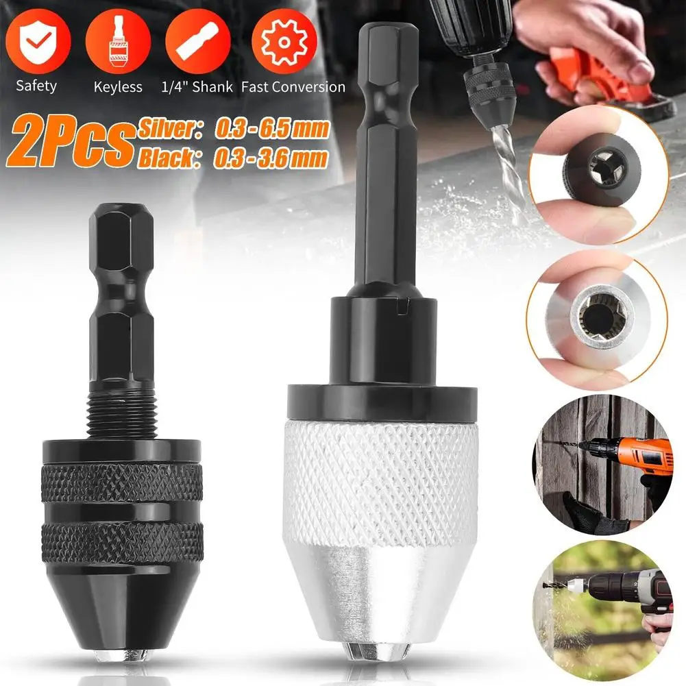 2pcs Drill Chuck 1/4 Inch Hex Shank Keyless Drill Chuck Conversion Tool Electric Screwdriver Quick Change Adapter Converter