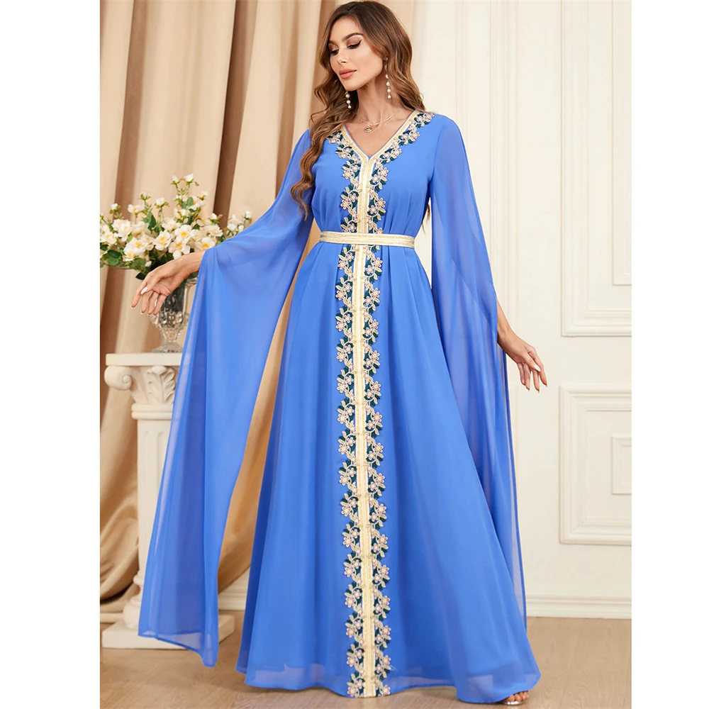 

Morocco Eid Party Dress for Women Muslim Long Cape Sleeve Evening Gown Dubai Turkey Abaya Kaftan Ramadan Tape Trim Jalabiya Robe