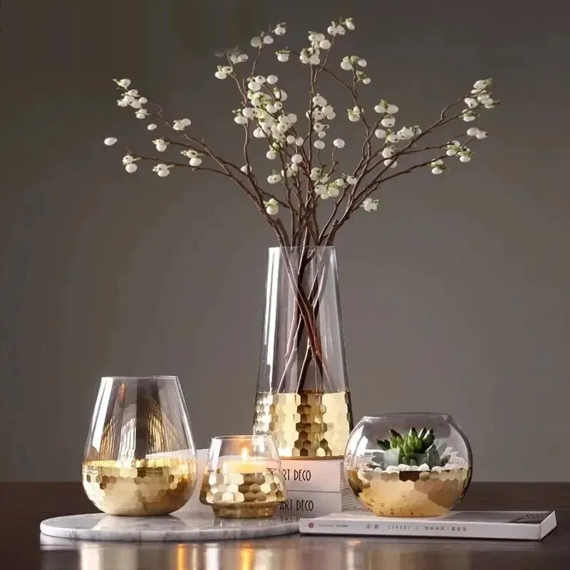 

Креативная стеклянная ваза с золотым основанием, засушенные цветы, композиционные вазы, мебель для гостиной, офиса, Современное украшение для дома