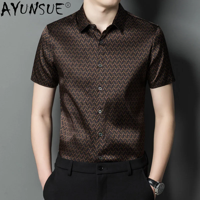 

90.8% Mulberry Real Silk Shirt Men Short Sleeved Shirts for Fashion Printed Casual Summer Clothes Ropa Hombre