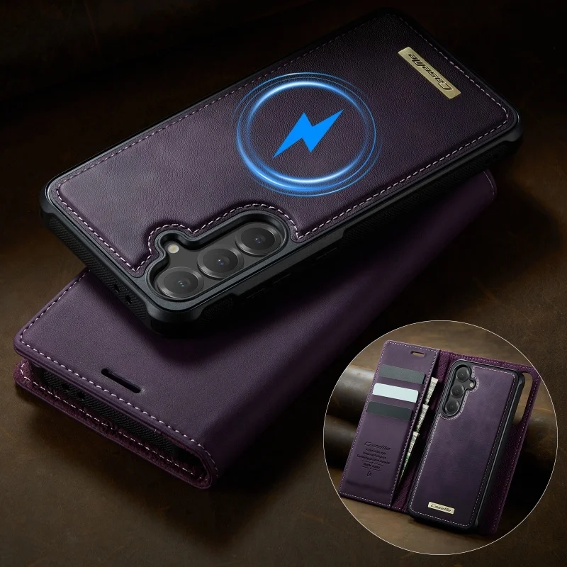 Magnetic Leather Flip Wallet Phone Case with Wireless Charging Compatibility