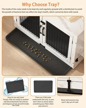 Piskyet Wooden Dog Crate Furniture with 360°Rotatable Removable Dog Bowls, Dog Crate End Table with Tray, Double Doors Kennels 4