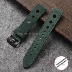 Rally Perforated Crazy Horse Leather Watch Band - Breathable & Comfortable Cowhide Strap (Multiple Sizes Available) - 22mm (Green - Black)