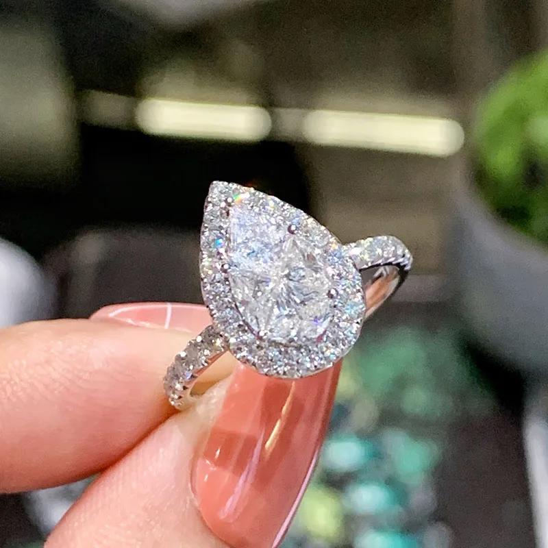 LUOWEND 100% 18K White Gold Rings Classic Pyriform Design Real Natural Diamond Ring for Women Wedding Engagement Anniversary