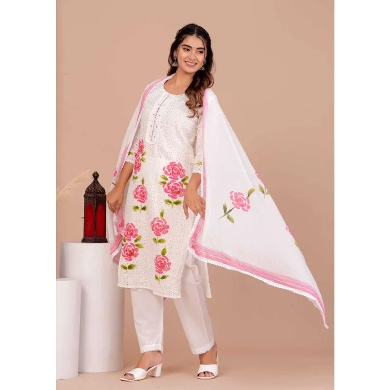 

White Floral Chicken Cotton Embroidery Kurta Hand Printed Kurti with Pants Dupata