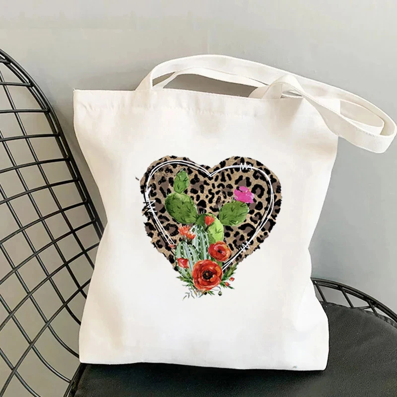 Leopard Plant Animal Print Canvas Shoulder Bag Organizer Fashion Designer Tote Bags Travel Large Capacity Storage Shopping Bag