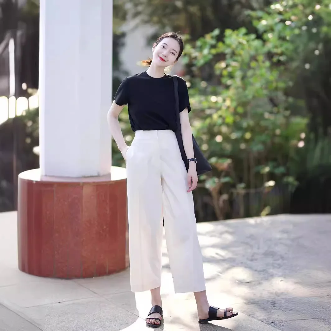 White Cotton Nine Points Haren Pants Women's Summer Thin Design Sense Niche Straight Leg Loose Slim Casual Wide Leg Pants