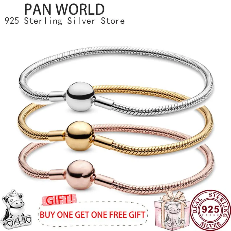 S925 Sterling Silver Shiny Round Button Snake Bone Women's Pan Bracelet Is Suitable For The Original pan Charm Jewelry for samsung galaxy tab active3 8 0 sm t570 t575 original return button