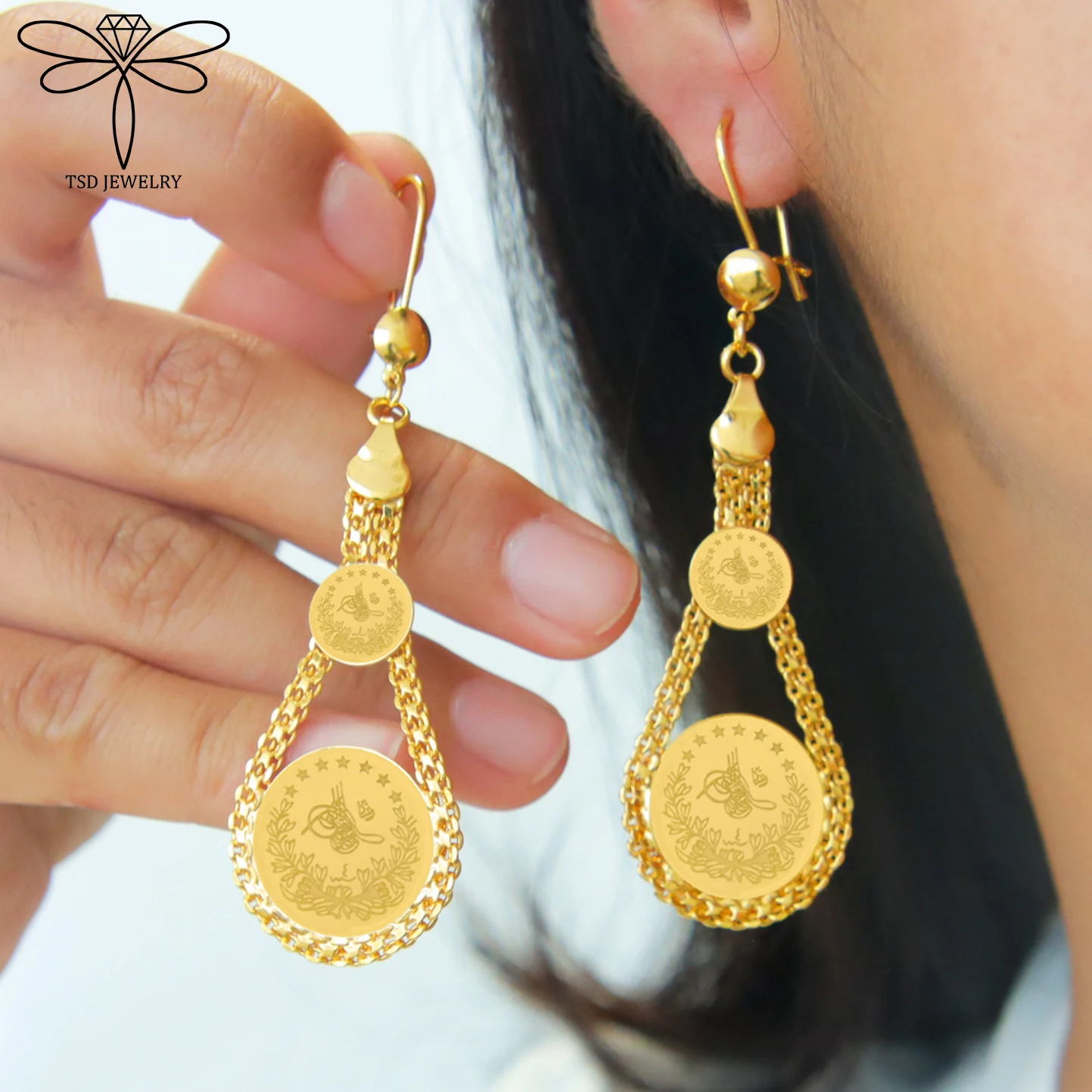 Luxus Dubai Vintage Tropfen Ohrringe 21k Gold Überzogene Türkische Münzen Baumeln Ohrring Nigeria Frauen Braut Hochzeit Schmuck – Detail 8