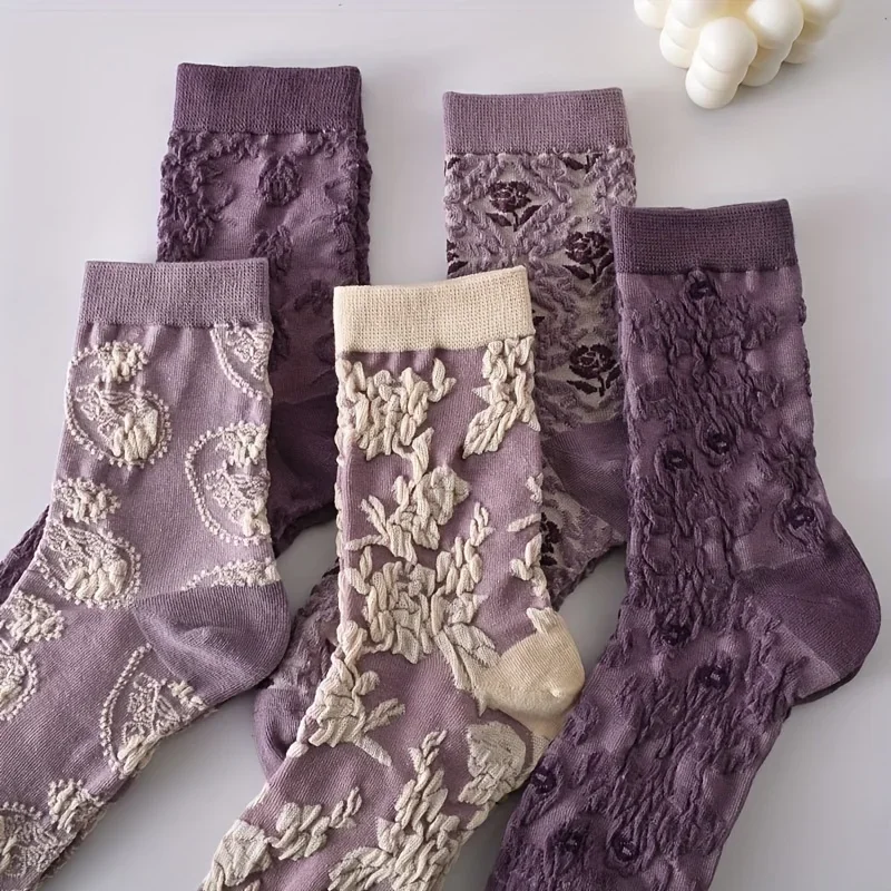 

5 Pairs Embroidered 3D Floral Textured Women Socks Aesthetic Retro Ethnic Style Mid Tube Crew Socks High Quality Purple Retro