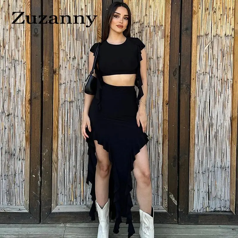 

Zuzanny Ruffles Long Dress Matching Sets Sexy Sleeveless Crop Tops and Slits Slim Skirts Sets Women Outfits 2023 Summer